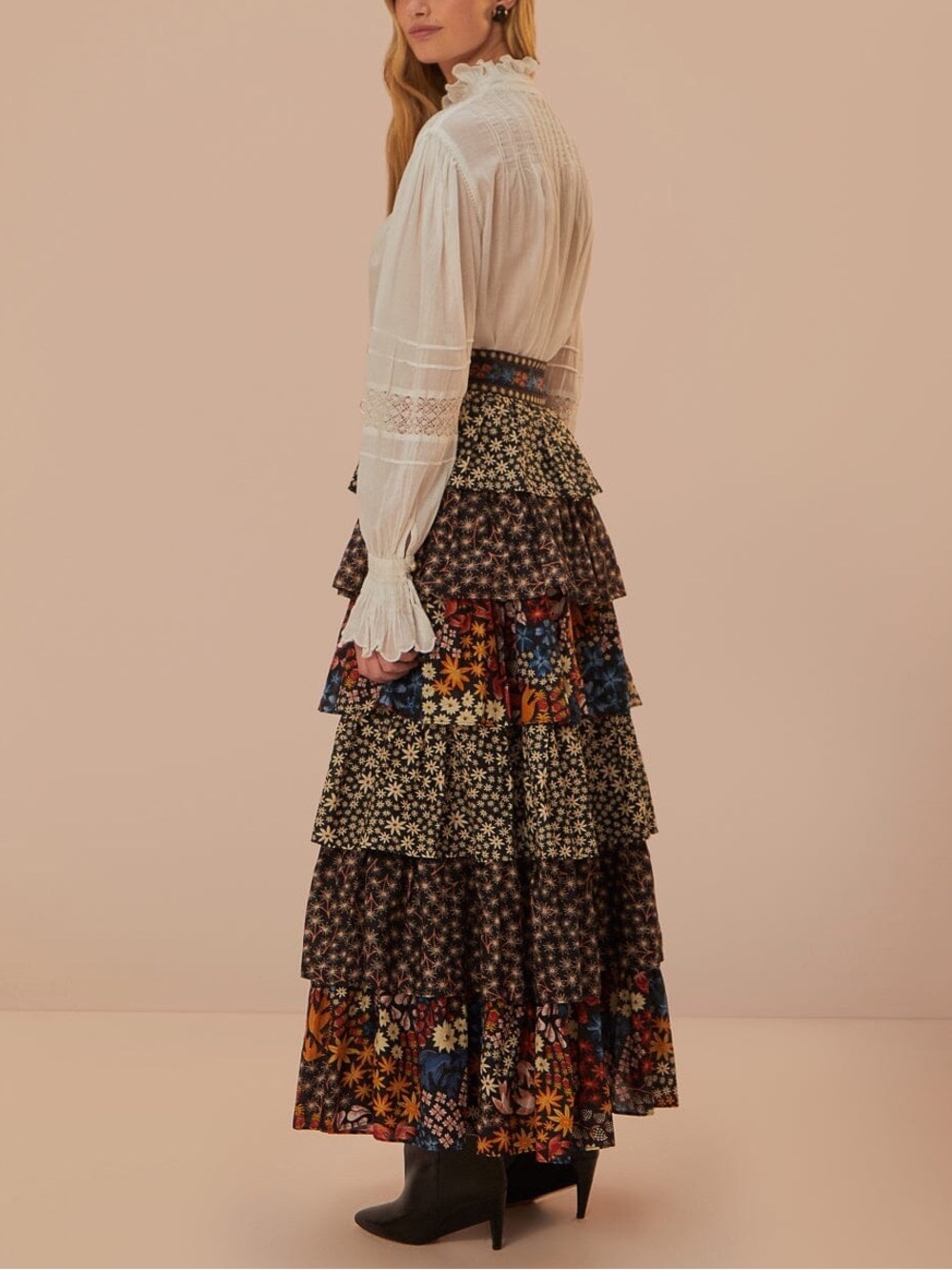 FARM Rio Black Jujus Garden Tiered Ruffle Floral Midi Skirt Small 57199 - Picture 5 of 11